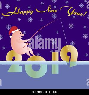 Carte de souhaits pig pêcher avec une canne à pêche nouvelle année 2019 Illustration de Vecteur