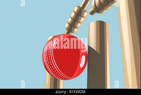 Une balle qui frappe de cricket en cuir rouge cricket wickets en bois sur un fond de ciel bleu - 3D render Banque D'Images