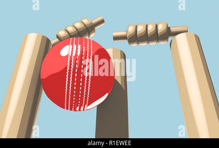 Une balle qui frappe de cricket en cuir rouge cricket wickets en bois sur un fond de ciel bleu - 3D render Banque D'Images