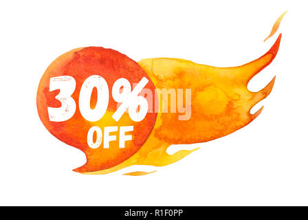 30 % de la vente à l'extérieur le lettrage sur bulle brûlant, aquarelle vente-out sign isolated on white Banque D'Images