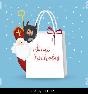 Avec saint Nicolas mignon diable et de chute de neige. Invitation de Noël, carte de vœux. Télévision les enfants design. Vector illustration, web bannière avec sac cadeau papier. Fond d'hiver. Illustration de Vecteur