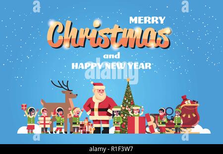 Les lutins du père noël près de rennes décoration sapin de Noël boîte cadeau nouvel an vacances concept plate horizontale Illustration de Vecteur