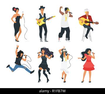 Vector style télévision jeune chanteur avec microphone et musicien avec des instruments. Singing rock, jazz, hip-hop et pop belle femme et l'homme characte Illustration de Vecteur