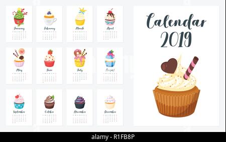 L'année 2019 Calendrier mensuel de tous les mois. Vector cartoon style modèle pour imprimer. Muffins savoureux sur chaque page. Disposition verticale. Illustration de Vecteur