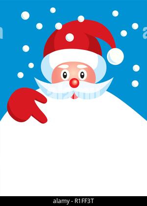 Vector illustration portrait of a happy Santa Claus pointing at blank sign with copy space pour l'écriture avec ciel bleu et flocons de neige. Illustration de Vecteur