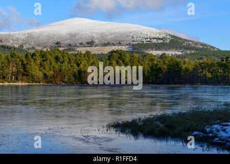 Le Loch Morlich en neige de l'hiver, Glenmore Forest Park, près de Aviemore, région des hautes, Ecosse Banque D'Images