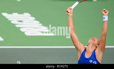 Prague, République tchèque. 10 Nov, 2018. Le joueur de tennis tchèque Barbora Strycova célèbre sa victoire contre nous tennis player Sofia Kenin (pas vu) lors de la finale 2018 de la Fed Cup entre la République tchèque et les Etats-Unis, caoutchouc 1, des célibataires, à l'O2 Arena de Prague, en République tchèque, le 10 novembre 2018. Credit : Michal Kamaryt/CTK Photo/Alamy Live News Banque D'Images