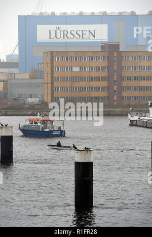 Wolgast, Allemagne. 10 Nov, 2018. Le logo de la chantier Lürssen se bloque sur un hall de construction navale du chantier naval Peene. L'opération de construction navale sur le Peenestrom a fait partie de la Groupe Lürssen de Brême depuis 2013. Le Groupe Lürssen de Brême, à laquelle le chantier naval de Wolgast appartient, avait reçu le contrat de plusieurs milliards pour la construction d'une flotte de nouveaux navires de patrouille de l'Arabie et commencé à construire en 2015. Credit : Stefan Sauer/dpa-Zentralbild/dpa/Alamy Live News Banque D'Images