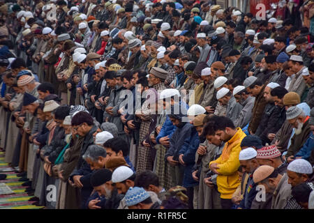 Srinagar, au Cachemire. 12 novembre, 2018. Les musulmans du Cachemire sont vu prier dans un sanctuaire de Saint Soufi Khwaja Naqshband Sahib dans Srinagar.Des milliers de musulmans se sont rassemblés pour offrir ''traditionnelle'' Digar Khawaja prières de masse spécial pour marquer l'anniversaire de mort (URS) de Saint Soufi Khwaja Naqshband Sahib à son culte à Khwaja Bazar salon à Srinagar. Credit : SOPA Images/ZUMA/Alamy Fil Live News Banque D'Images