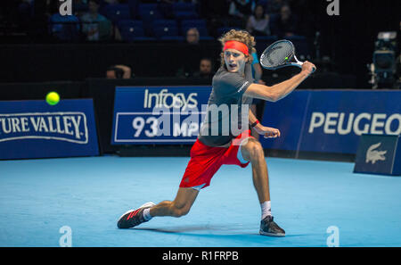 Londres, Royaume-Uni. 12 novembre, 2018. Alexander Zverev (Allemagne) lors de son 1er match du tournoi à la ronde à l'ATP Nitto World Finals Londres à l'O2, Londres, Angleterre le 12 novembre 2018. Photo par Andy Rowland. Crédit : Andrew Rowland/Alamy Live News Banque D'Images