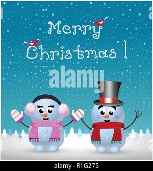 Joyeux Noël carte de souhaits de kawaii petit bébé snowman et snowgirl tenant la main sur paysage enneigé en hiver et fond de scène lette dessiné à la main Illustration de Vecteur