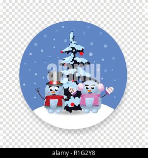 Noël, jour de l'année signe avec cute cartoon snowman, snowgirl et arbre de Noël flocons de neige isolé sur fond transparent. Illustration vectorielle, Illustration de Vecteur