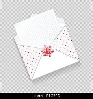 Cute cartoon enveloppe ouverte avec feuille de papier à l'intérieur clair, snowflake ornament isolé sur fond transparent. L'icône d'hiver festif, clip art pour chr Illustration de Vecteur