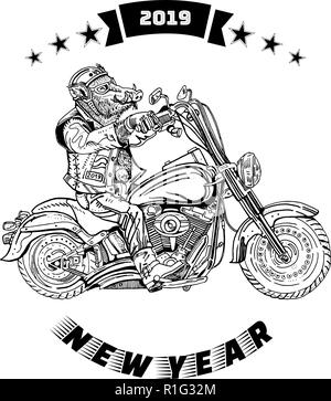 Les sangliers sur moto. Motard, motocycliste. Symbole de 2019 - année du cochon. Illustration à la main avec la nouvelle année, l'inscription, emblème de moto styl Illustration de Vecteur