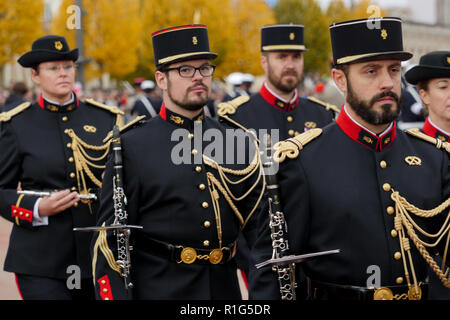 Musiciens militaires de l'infanterie Fanfare assister aux cérémonies de commémoration du 100e anniversaire de l'armistice de 1918, Lyon, France Banque D'Images