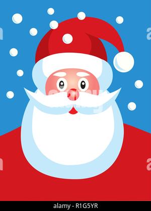 Vector illustration cartoon portrait of a happy Santa Claus avec ciel bleu et flocons de neige. Illustration de Vecteur