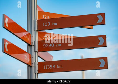 Pôle direction indiquant la direction de plusieurs villes et la distance de la position actuelle dans kilomètre unité Banque D'Images