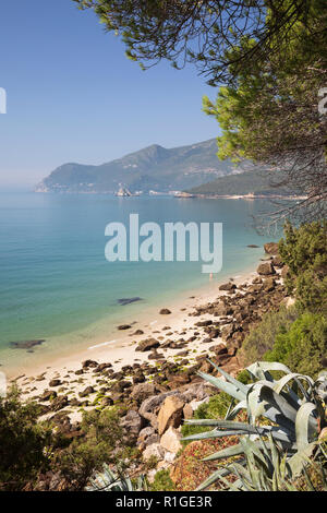 Vue sur la plage en été Galapos matin soleil, Portinho da Arrábida, Parque Natural da Arrábida, district de Setubal, région de Lisbonne, Portugal Banque D'Images