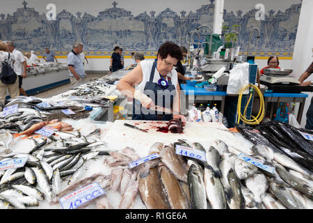 Décrochage du poisson frais à l'intérieur du Mercado do Livramento pris le matin, Avenida Luisa Todi, Setubal, région de Lisbonne, Portugal, Europe Banque D'Images