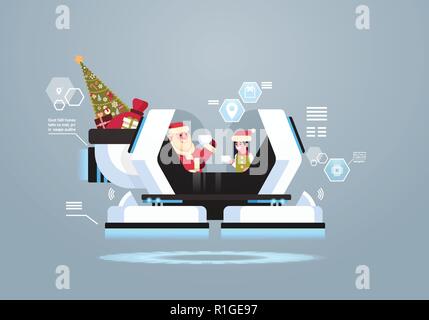 Santa avec elf boire un café dans l'intelligence artificielle robotique traîneau moderne joyeux noël bonne année carte de voeux vacances d'hiver concept flat horizontal Illustration de Vecteur