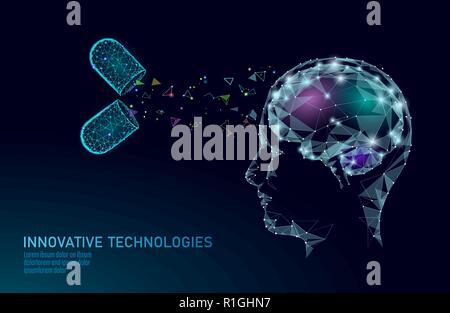 Traitement du cerveau low poly 3D render. Nootropique médicaments stimulant la capacité humaine smart de la santé mentale. La réadaptation cognitive de la médecine sur la maladie d'Alzheimer et démence vector illustration Illustration de Vecteur