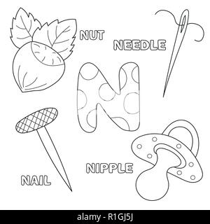 N. lettre alphabet anglais. L'éducation pour les enfants. Livre de coloriage Illustration de Vecteur