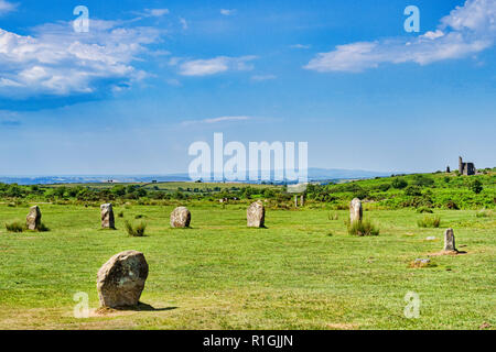 The Hurlers Stone Circle, l'un d'un groupe de trois sur Bodmin Moor près de larbins, Cornwall, UK. Vestiges de l'étain de Cornouailles et de l'industrie minière du cuivre... Banque D'Images