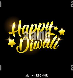 Golden Happy Diwali félicitations avec des étoiles sur fond noir Illustration de Vecteur