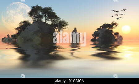 Le lever du soleil ou défini avec lune et îlots rocheux. Le rendu 3D Banque D'Images
