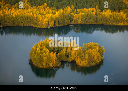 Vue aérienne, Heidesee Kirchhellen Grafenwald, Heath, lacs, îles, forêt d'automne, des feuilles d'automne coloré, la subsidence due à l'extraction du charbon de la co Banque D'Images