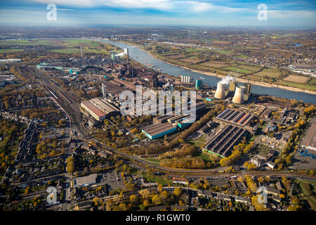 Vue aérienne, Hüttenwerke Krupp Mannesmann GmbH, HKM, avec cokerie, Rheinaue Ehingen, Rhin, Hüttenheim, Duisburg, Ruhr, Nordrhein-Westfalen, Germ Banque D'Images