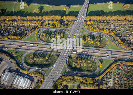 Photographie aérienne, Duissern, Duisburg Mitte intersection, autoroute A40, autoroute A59, Duissern, Hleingärten sur l'autoroute, trèfle, Banque D'Images