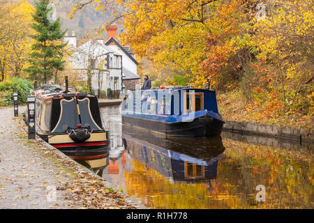 Bateaux étroits sur les 46 km de long de la direction générale de Llangollen du canal de Shropshire Union avec couleurs d'automne dans les arbres le long du chemin de halage Banque D'Images