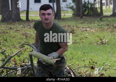 Les Marines américains avec le Siège et support Company (H&S CO), 8e, 2e Bataillon d'appui du Groupe de la logistique maritime, utilise une tronçonneuse pour découper des débris à Camp Lejeune, en Caroline du Nord, le 19 septembre 2018. H&S envoie les marines de l'aider dans l'élimination de la base de débris à la suite de l'ouragan Florence. Banque D'Images