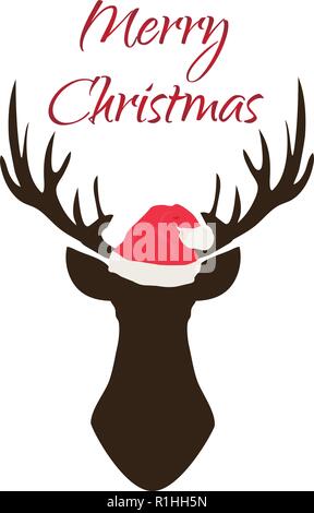 Vector illustration of Christmas deer with Santa hat. Maison de l'arrière-plan. Illustration de Vecteur