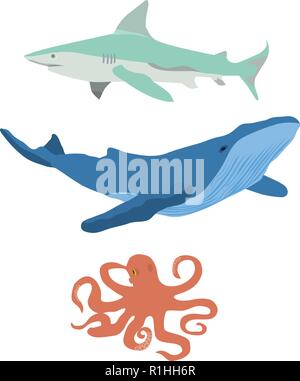 Vector illustration d'animaux marins, les animaux. De requin, de baleine, le poulpe. Illustration de Vecteur