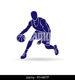 Abstract contour bleu, joueur de basket-ball avec silhouette et l'ombre Illustration de Vecteur