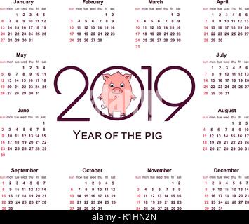 Calendrier pour 2019 porcs. Symbole de l'année dans le calendrier chinois. Vecteur simple modèle. Modèle de conception de la papeterie. Vector illustration isolé sur Illustration de Vecteur