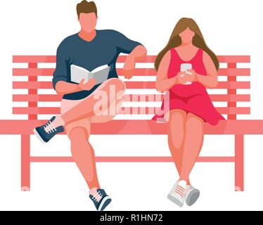 L'homme et la jeune fille assise sur un banc. Femme utilise un téléphone mobile. Man reading book. Vector Illustration Illustration de Vecteur