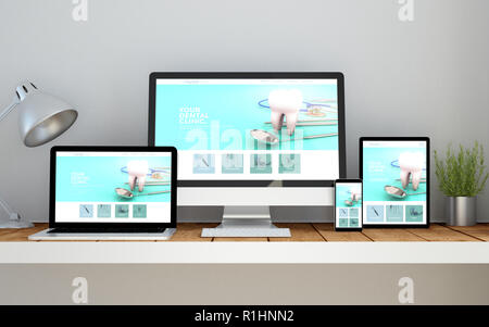 Un ordinateur, ordinateur portable, smartphone et tablette sur un espace de travail de bureau avec l'écoute en ligne clinique dentaire site sur écran. 3d illustration. Toute la g Banque D'Images