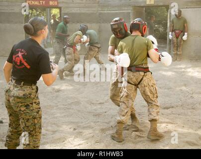 Recrute avec Lima Company, 3e Bataillon d'instruction des recrues, s'engager dans le combat du corps pendant le creuset au Marine Corps Recruter Depot Parris Island, S.C., 20 Septembre, 2018. Body Combat et bâtons pugilistique vous intéresse pour les recrues de la force d'appliquer les principes fondamentaux du Marine Corps arts martiaux. Banque D'Images