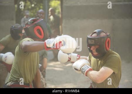 Recrute avec Lima Company, 3e Bataillon d'instruction des recrues, s'engager dans le combat du corps pendant le creuset au Marine Corps Recruter Depot Parris Island, S.C., 20 Septembre, 2018. Body Combat et bâtons pugilistique vous intéresse pour les recrues de la force d'appliquer les principes fondamentaux du Marine Corps arts martiaux. Banque D'Images