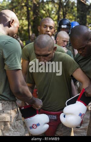 Recrute avec Lima Company, 3e Bataillon d'instruction des recrues, préparer une recrue à s'engager dans le corps de réserve pendant le creuset au Marine Corps Recruter Depot Parris Island, S.C., 20 Septembre, 2018. Body Combat et bâtons pugilistique vous intéresse pour les recrues de la force d'appliquer les principes fondamentaux du Marine Corps arts martiaux. Banque D'Images