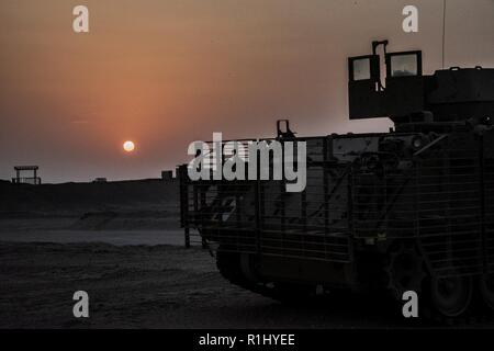 Les véhicules sont mis en scène à l'extérieur de la base d'opération avancée Gerber, près du Camp Buehring, Koweït, comme les soldats du 155e Armored Brigade Combat Team se préparer à les utiliser pour mener l'Union de fer 8 entraînement avec les Émirats arabes unis. Banque D'Images