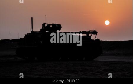 Les véhicules sont mis en scène à l'extérieur de la base d'opération avancée Gerber, près du Camp Buehring, Koweït, comme les soldats du 155e Armored Brigade Combat Team se préparer à les utiliser pour mener l'Union de fer 8 entraînement avec les Émirats arabes unis. Banque D'Images