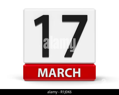 L'icône calendrier rouge et blanc à partir de cubes - La dix-septième du mois de mars - sur un tableau blanc - Happy Saint Patrick's Day, en trois dimensions, 3D Rendu illu Banque D'Images