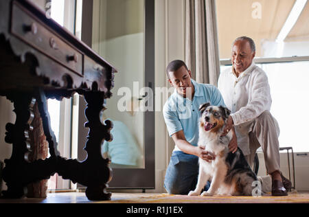 Smiling père et fils de flatter leur chien. Banque D'Images