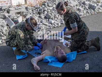 SAN FRANCISCO (oct. 3, 2018) Le lieutenant Allison Christ (à gauche), une unité de soins intensifs infirmier autorisé au Naval Medical Center de San Diego, Balboa et hôpital Corpsman 2e classe Brittanie Haring (droite), originaire de Massillon, Ohio, placer un drain thoracique dans une simulation de patient à l'aide de lunettes de réalité augmentée dans le cadre d'un exercice d'entraînement de télé-médecine au cours de la semaine de San Francisco (SFFW) 2018. SFFW est l'occasion pour le public américain pour satisfaire leur marine, Marine Corps et les équipes de la Garde côtière canadienne et l'expérience de la mer du Nord. Au cours de la semaine de la flotte, les membres de participer à diverses activités communautaires Banque D'Images