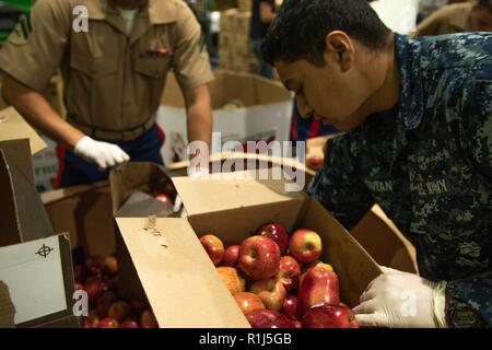 Les Marines et les marins charger les boîtes avec les pommes à la banque alimentaire de San Francisco San Francisco pendant la Semaine de la flotte, le 4 octobre 2018. Au total, le service chargé des membres 23 000 livres de pommes sur des palettes qui seront expédiées le jour-même à plus de 400 offices dans la région de San Francisco. Le San Francisco Banque alimentaire rss 144 000 personnes chaque semaine et offre 49 millions de livres de nourriture chaque année. La coopération et la coordination des relations établies au cours de la semaine de San Francisco, favoriser le développement et le partage des meilleures pratiques dans l'aide humanitaire et est reconnu par l'Organisation des Stat Banque D'Images