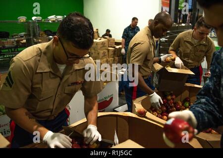 Les Marines et les marins charger les boîtes avec les pommes à la banque alimentaire de San Francisco San Francisco pendant la Semaine de la flotte, le 4 octobre 2018. Au total, le service chargé des membres 23 000 livres de pommes sur des palettes qui seront expédiées le jour-même à plus de 400 offices dans la région de San Francisco. Le San Francisco Banque alimentaire rss 144 000 personnes chaque semaine et offre 49 millions de livres de nourriture chaque année. La coopération et la coordination des relations établies au cours de la semaine de San Francisco, favoriser le développement et le partage des meilleures pratiques dans l'aide humanitaire et est reconnu par l'Organisation des Stat Banque D'Images